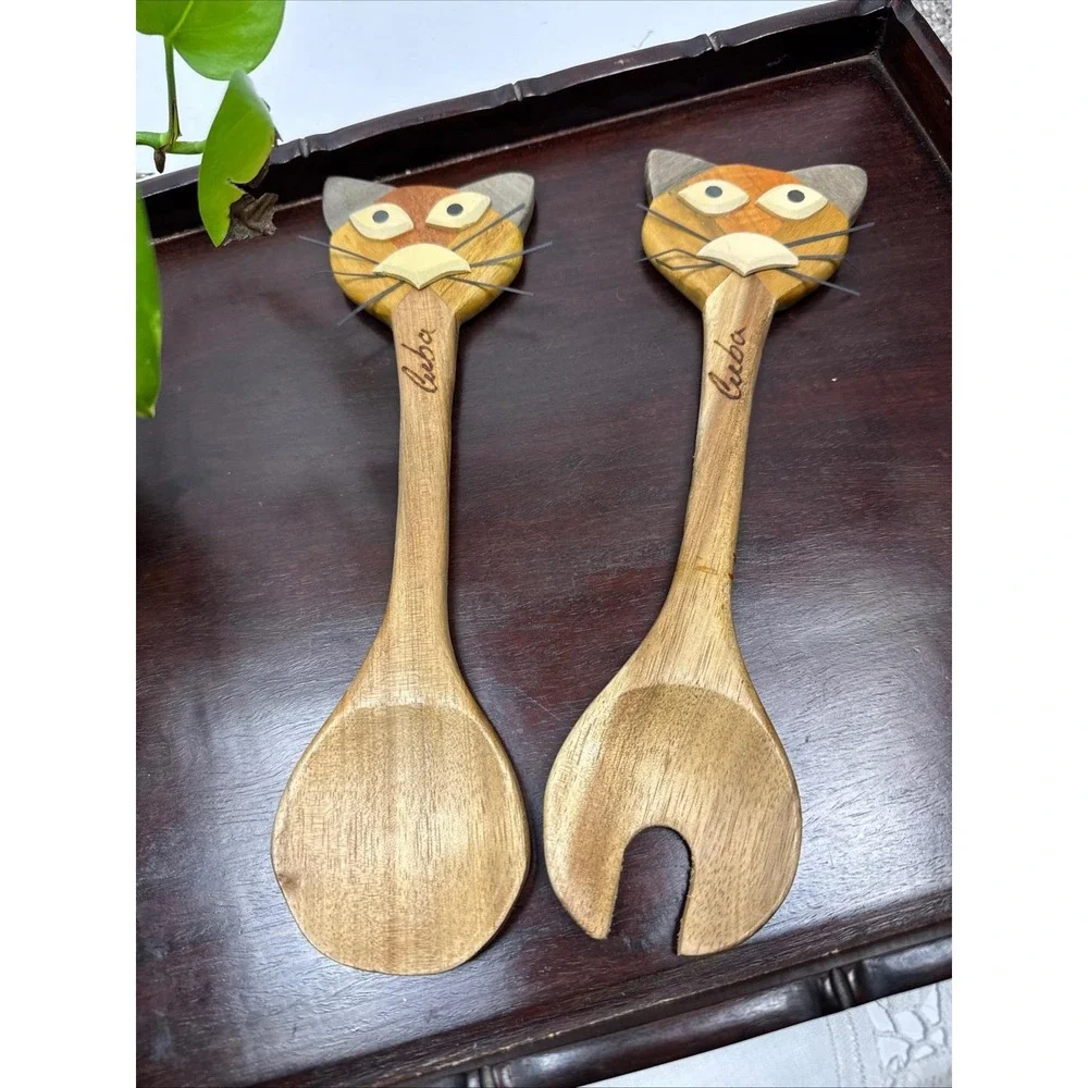 Vintage Cuba Hand Carved Wood Cat Salad Server‎ Set Inlay Wooden Spoon Fork 10in